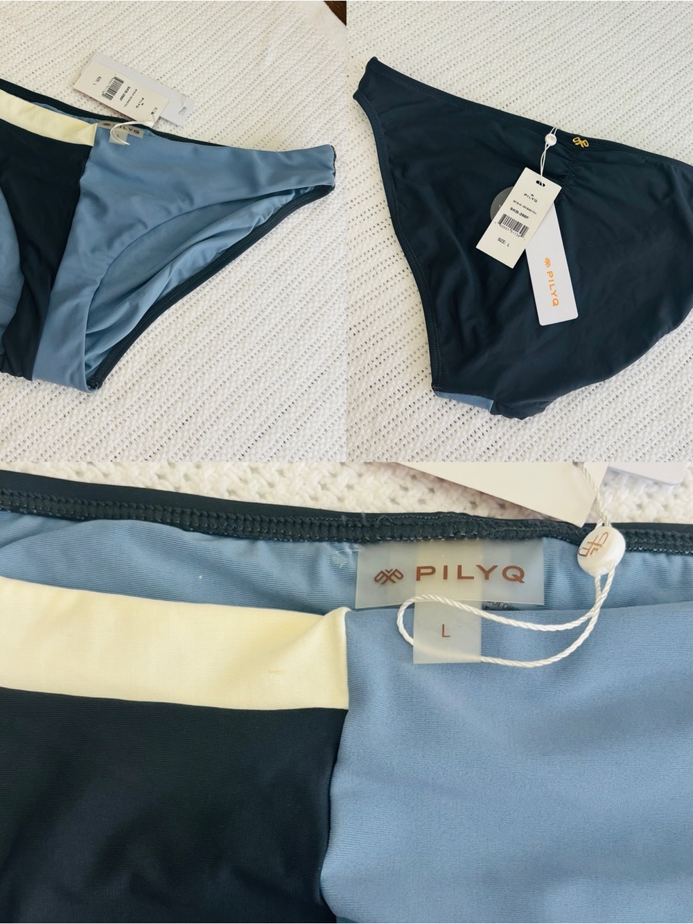 Pilyq Two-Tone Navy and Light Blue Bikini Bottoms with Cream Accent